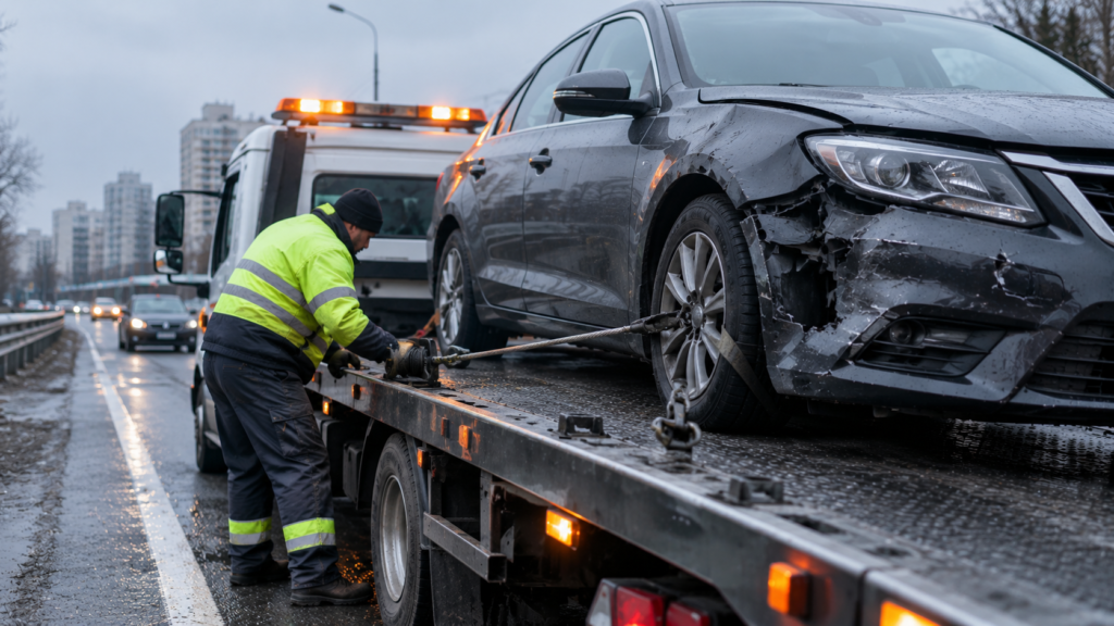 Эвакуатор увозит поврежденный автомобиль с места ДТП